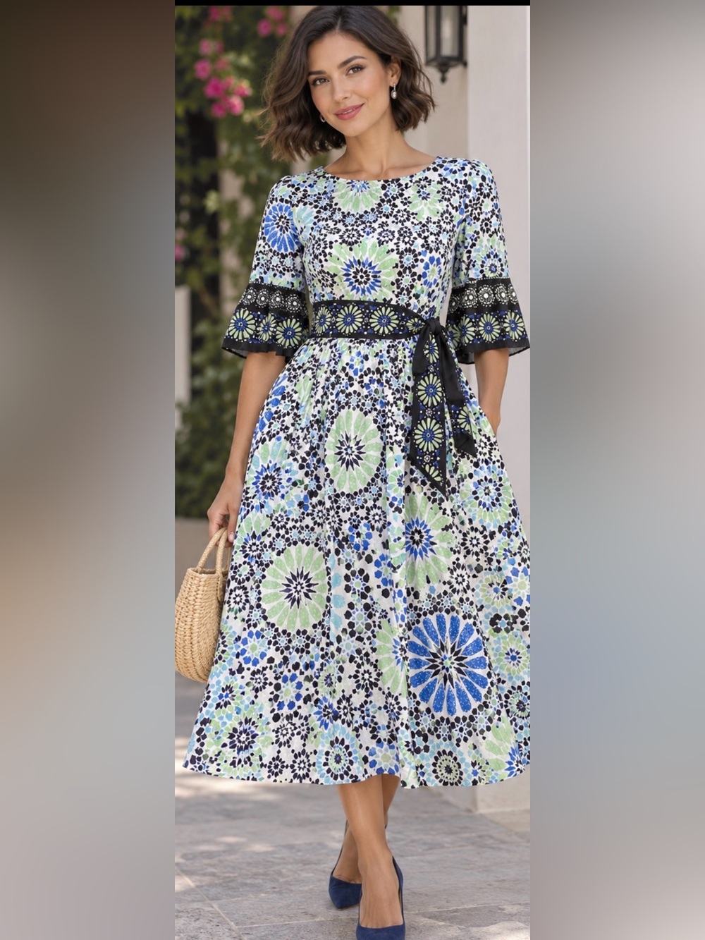 Wayward Fancies Midi Dress in Blue & White Like New